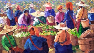 Painting of tea pickers and tea in sacks